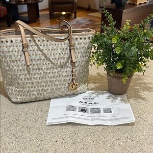 AUTHENTICATED Like New - Michael Kors Gold Studded Cream Monogram Tote